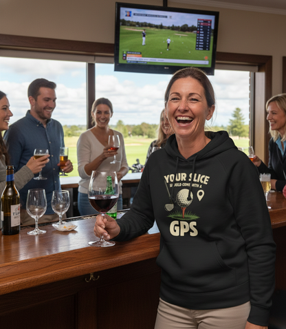 Woman in a bar wearing a hoodie with a golf-themed design, surrounded by people enjoying drinks and watching a golf match on TV. The lady is wearing a Cows Corner hoodie with a funny golf slogan 'Your Slice Should Come With a GPS'. Cows Corner gifts are perfect for sport-mad fans, these gifts work brilliantly for birthdays, new baby celebrations, Father’s Day, Mother’s Day, Christmas, anniversaries, thank you gifts, end-of-season team awards, graduations, retirements, and just-because moments 