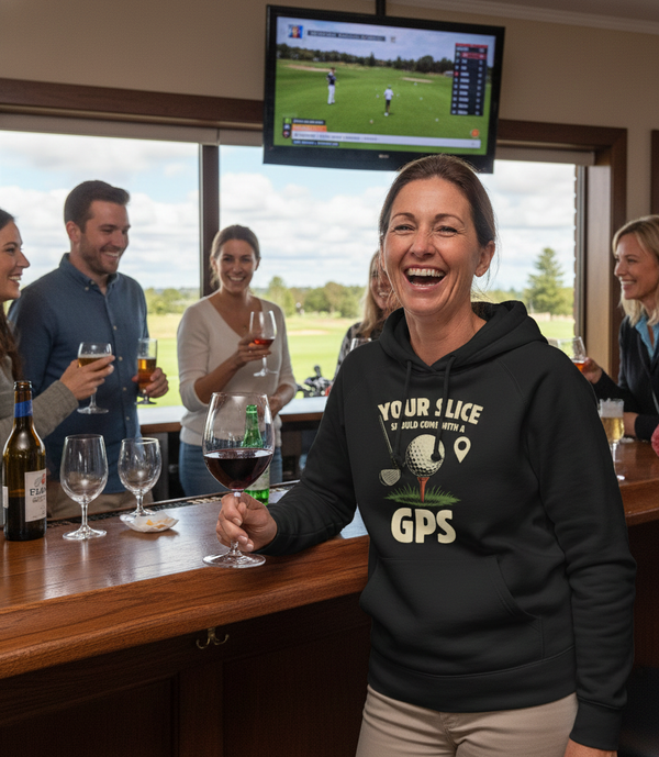Woman in a bar wearing a hoodie with a golf-themed design, surrounded by people enjoying drinks and watching a golf match on TV. The lady is wearing a Cows Corner hoodie with a funny golf slogan 'Your Slice Should Come With a GPS'. Cows Corner gifts are perfect for sport-mad fans, these gifts work brilliantly for birthdays, new baby celebrations, Father’s Day, Mother’s Day, Christmas, anniversaries, thank you gifts, end-of-season team awards, graduations, retirements, and just-because moments 