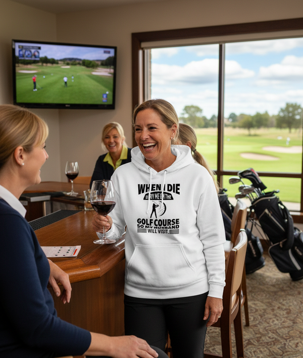 Woman in a white hoodie with a golf-themed design, holding a glass of wine, in a room with a view of a golf course. The lady is wearing a Cows Corner with a funny golf slogan 'When I Die Bury Me on the Golf Course So My Husband Will Visit. Cows Corner gifts are perfect for sport-mad fans, these gifts work brilliantly for birthdays, new baby celebrations, Father’s Day, Mother’s Day, Christmas, anniversaries, thank you gifts, end-of-season team awards, graduations, retirements, and just-because moments 