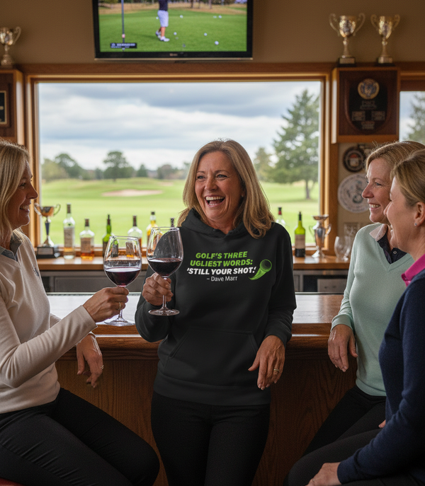 Four women enjoying wine and conversation in a bar with a golf course view. The man is wearing a Cows Corner hoodie with a funny golf slogan 'Golf’s There Ugliest Words: ’Still Your Shot! – Dave Marr.' Cows Corner gifts are perfect for sport-mad fans, these gifts work brilliantly for birthdays, new baby celebrations, Father’s Day, Mother’s Day, Christmas, anniversaries, thank you gifts, end-of-season team awards, graduations, retirements, and just-because moments when you want to raise a smile. 
