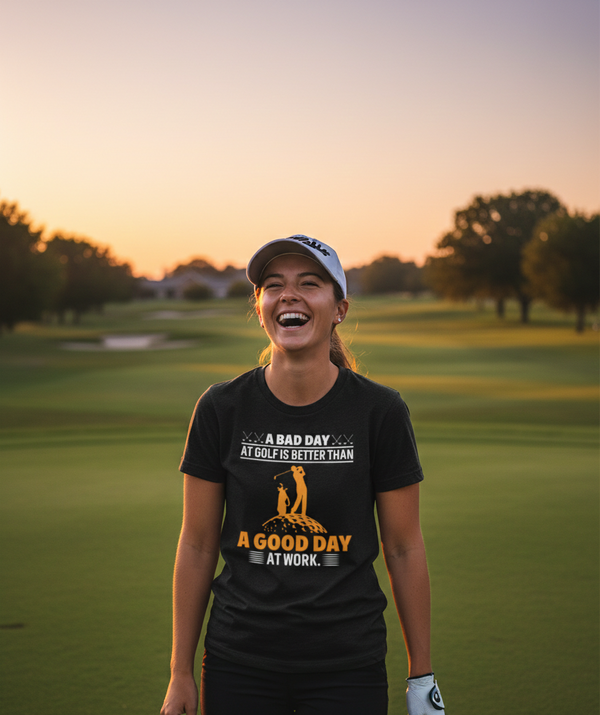 Woman on a golf course wearing a t-shirt with a humorous quote. The lady is wearing a Cows Corner t-shirt with the funny golf slogan 'A Bad Day at Golf Is Better Than a Good Day at Work'. Cows Corner gifts are perfect for sport-mad fans, these gifts work brilliantly for birthdays, new baby celebrations, Father’s Day, Mother’s Day, Christmas, anniversaries, thank you gifts, end-of-season team awards, graduations, retirements, and just-because moments when you want to raise a smile. 
