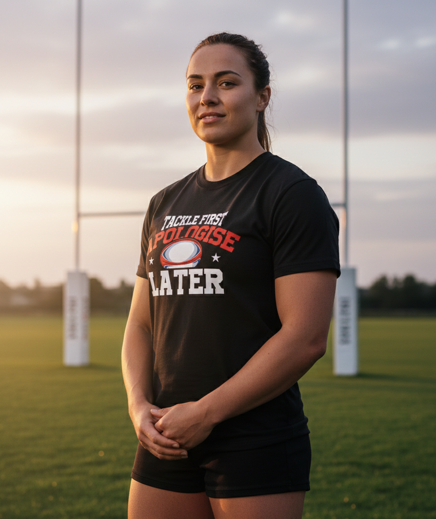 Person wearing a black t-shirt with a humorous sports-themed message on a sports field. The lady is wearing a Cows Corner t-shirt with the funny rugby slogan 'Tackle First Apologise Later'. Cows Corner gifts are perfect for sport-mad fans, these gifts work brilliantly for birthdays, new baby celebrations, Father’s Day, Mother’s Day, Christmas, anniversaries, thank you gifts, end-of-season team awards, graduations, retirements, and just-because moments when you want to raise a smile. 
