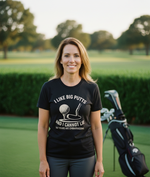 Woman wearing a black t-shirt with a humorous golf-themed design on a golf course. The lady is wearing a Cows Corner t-shirt with the funny golf slogan 'I Like Big Putts and I Cannot Lie, but Yours Are Embarrassing'. Cows Corner gifts are perfect for sport-mad fans, these gifts work brilliantly for birthdays, new baby celebrations, Father’s Day, Mother’s Day, Christmas, anniversaries, thank you gifts, end-of-season team awards, graduations, retirements, and just-because moments when you want to raise a smil