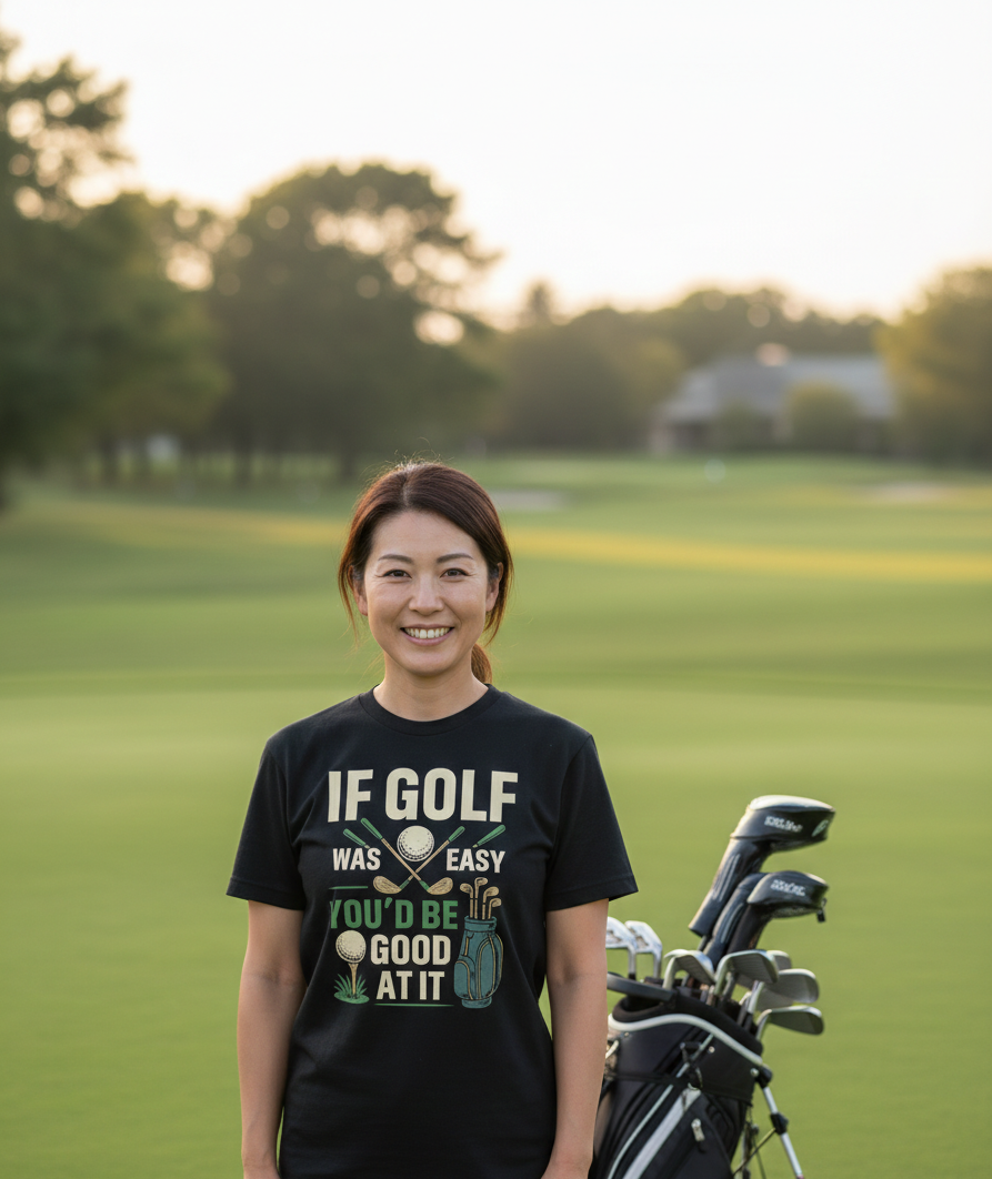 Woman standing on a golf course with a golf club bag, wearing a black t-shirt with a humorous golf quote. The lady is wearing a Cows Corner t-shirt with a funny golf slogan 'If Golf Was Easy You’d Be Good at It'. Cows Corner gifts are perfect for sport-mad fans, these gifts work brilliantly for birthdays, new baby celebrations, Father’s Day, Mother’s Day, Christmas, anniversaries, thank you gifts, end-of-season team awards, graduations, retirements, and just-because moments when you want to raise a smile. 

