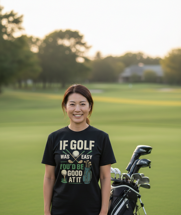 Woman standing on a golf course with a golf club bag, wearing a black t-shirt with a humorous golf quote. The lady is wearing a Cows Corner t-shirt with a funny golf slogan 'If Golf Was Easy You’d Be Good at It'. Cows Corner gifts are perfect for sport-mad fans, these gifts work brilliantly for birthdays, new baby celebrations, Father’s Day, Mother’s Day, Christmas, anniversaries, thank you gifts, end-of-season team awards, graduations, retirements, and just-because moments when you want to raise a smile. 

