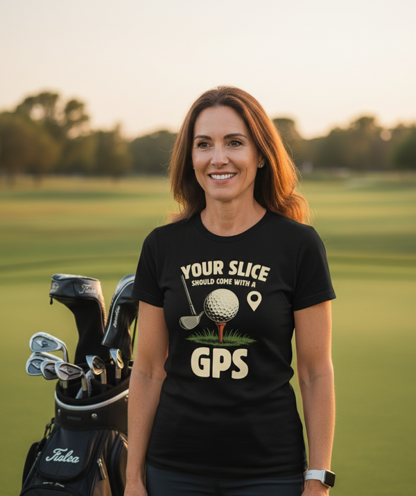 Woman wearing a black t-shirt with a golf-themed design on a golf course. The lady is wearing a Cows Corner t-shirt with the funny golf slogan 'Your Slice Should Come With a GPS'. Cows Corner gifts are perfect for sport-mad fans, these gifts work brilliantly for birthdays, new baby celebrations, Father’s Day, Mother’s Day, Christmas, anniversaries, thank you gifts, end-of-season team awards, graduations, retirements, and just-because moments when you want to raise a smile. 
