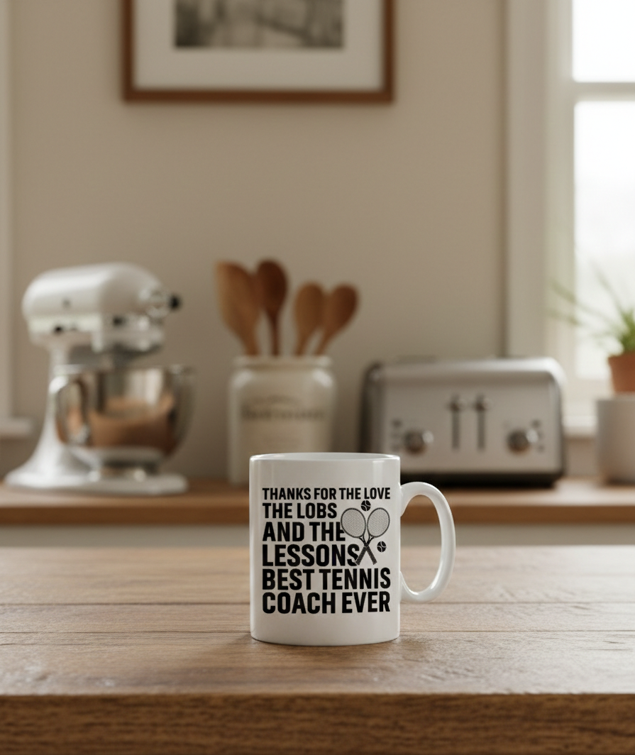 White mug with text on a kitchen counter, featuring a mixer and toaster in the background. This is a Cows Corner mug with a funny tennis slogan 'Thanks for the Love the Lobs and the Lessons. Best Tennis Coach Ever'. Cows Corner gifts are perfect for sport-mad fans, these gifts work brilliantly for birthdays, new baby celebrations, Father’s Day, Mother’s Day, Christmas, anniversaries, thank you gifts, end-of-season team awards, graduations, retirements, and just-because moments when you want to raise a smile