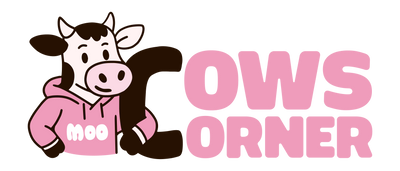Cartoon cow in a pink hoodie with 'MOO' on a white background, next to 'COWS CORNER' logo