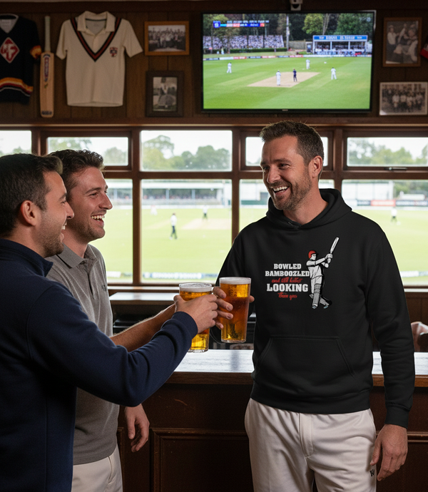 Three men in a pub watching a cricket match on television, clinking beer glasses. The man is wearing a Cows Corner hoodie with the funny cricket slogan 'Bowled & Bamboozled and still looking better than you'.  Cows Corner gifts are perfect for sport-mad fans, these gifts work brilliantly for birthdays, new baby celebrations, Father’s Day, Mother’s Day, Christmas, anniversaries, thank you gifts, end-of-season team awards, graduations, retirements, and just-because moments when you want to raise a smile. 
