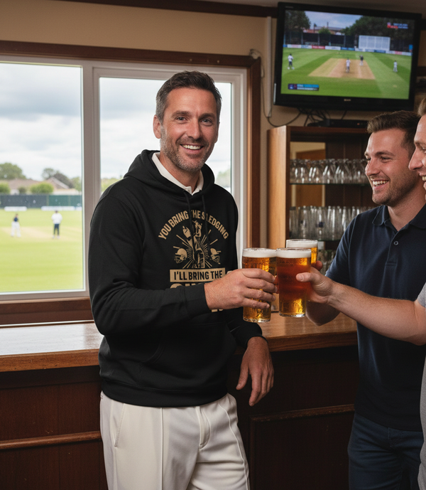 Three men in a bar enjoying beers with a TV showing a baseball game in the background.  The man is wearing a Cows Corner hoodie with the funny cricket saying on the front that reads 'You Bring The Sledging, I'll Bring The Sixes'.  Cows Corner gifts are perfect for sport-mad fans, these gifts work brilliantly for birthdays, new baby celebrations, Father’s Day, Mother’s Day, Christmas, anniversaries, thank you gifts, end-of-season team awards, graduations, retirements, and just-because moments 