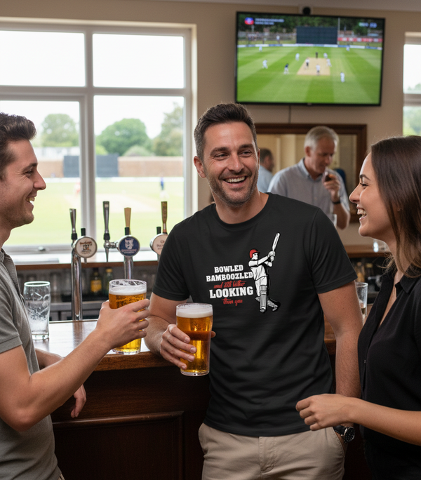 Three people in a pub enjoying drinks with a TV showing a cricket game in the background.  The man is wearing a Cows Corner t-shirt with the funny cricket saying on the front saying 'Bowled & Bamboozled And Still Looking Better Than You'