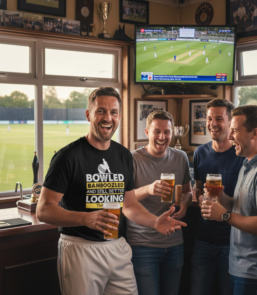 Four men in a pub watching a sports match on television, holding drinks with a man wearing a cows corner t-shirt with slogan Bowled & Bamboozled and still looking better than you on the front. Cows Corner gifts are perfect for sport-mad fans who love a bit of humour and personality in their presents. They’re ideal for friends, partners, parents, coaches, teammates, and proud mums and dads who live and breathe sport, whether they play, watch from the sidelines, or shout at the telly every weekend. 