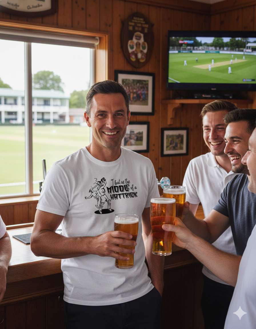 Group of men enjoying beers together in a pub with a cricket match on TV.  The man is wearing a Cows Corner T-shirt with the funny cricket slogan on the front that reads 'I Bat in the Middle of a Hat-trick'.  Cows Corner gifts are perfect for sport-mad fans, these gifts work brilliantly for birthdays, new baby celebrations, Father’s Day, Mother’s Day, Christmas, anniversaries, thank you gifts, end-of-season team awards, graduations, retirements, and just-because moments when you want to raise a smile.