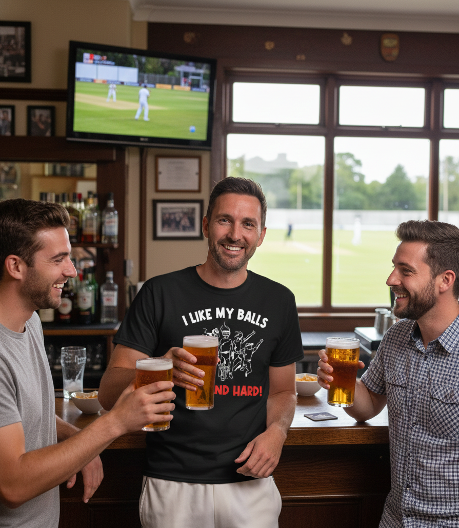 Three men in a pub enjoying drinks and watching a cricket match on TV.  The man is wearing a Cows Corner t-shirt with the funny cricket saying on the front which says 'I Like My Balls Red And Hard