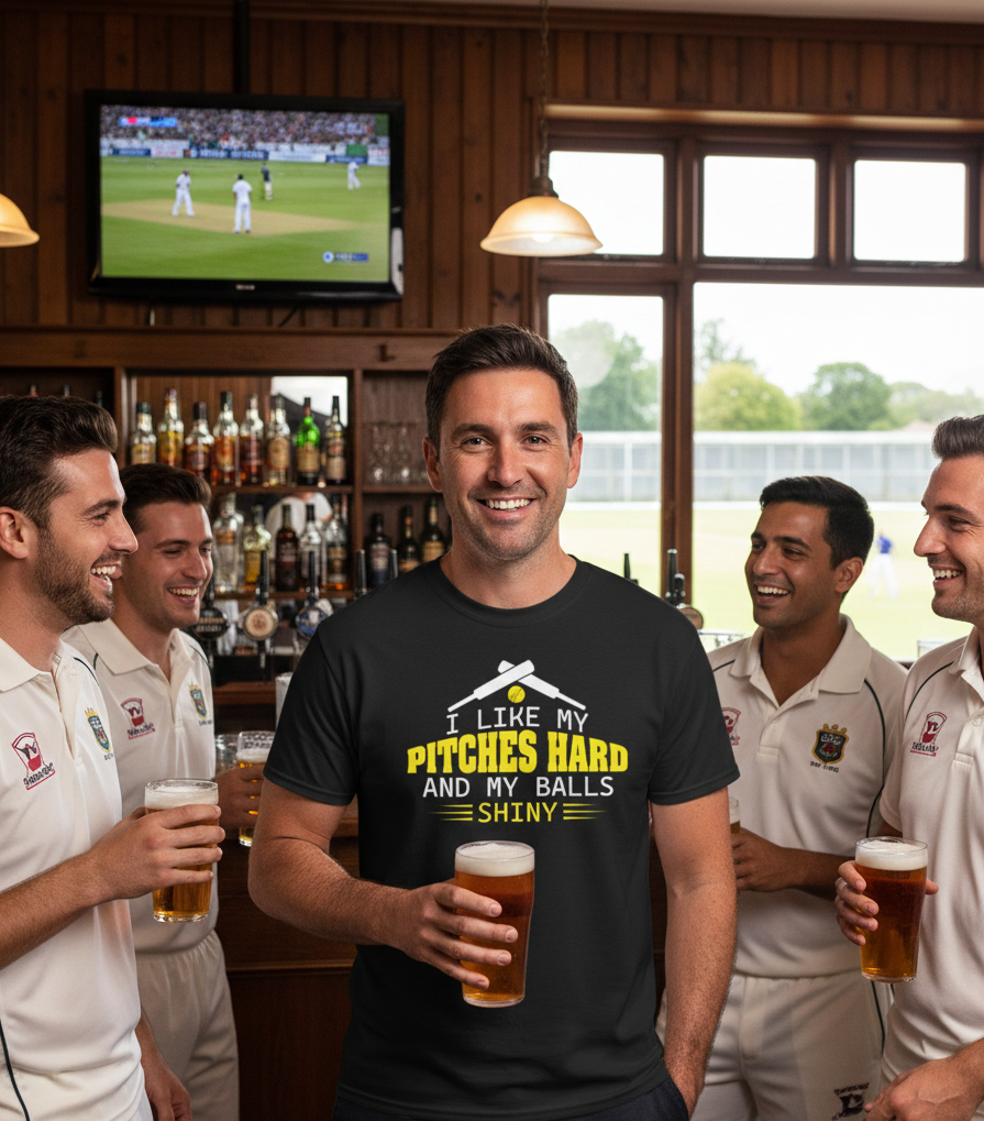 Man standing in a cricket club wearing a Cows Corner t-shirt with the funny slogan on the front that says 'I like my pitches hard and my balls shiny!'