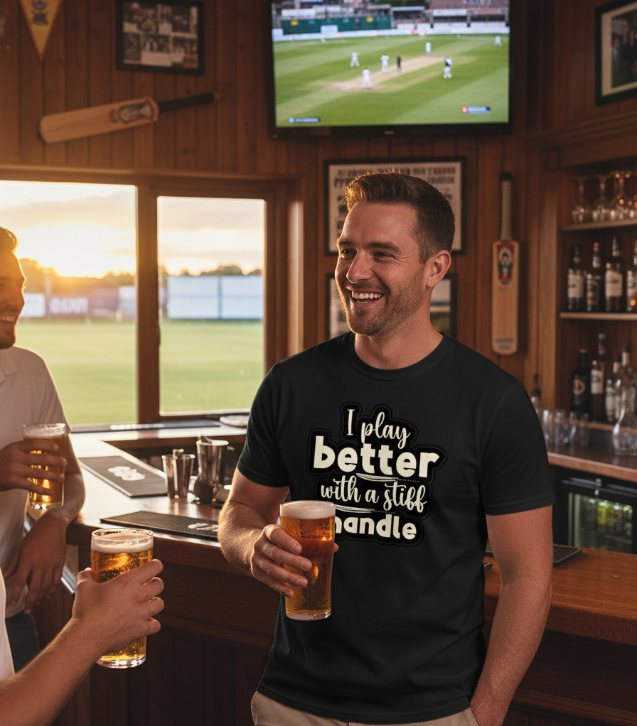 Man in a bar wearing a black t-shirt with a humorous quote, holding a beer, with another person partially visible, the man is wearing a Cows Corner funny t-shirt with the slogan on the front 'I play better with a stiff handle'