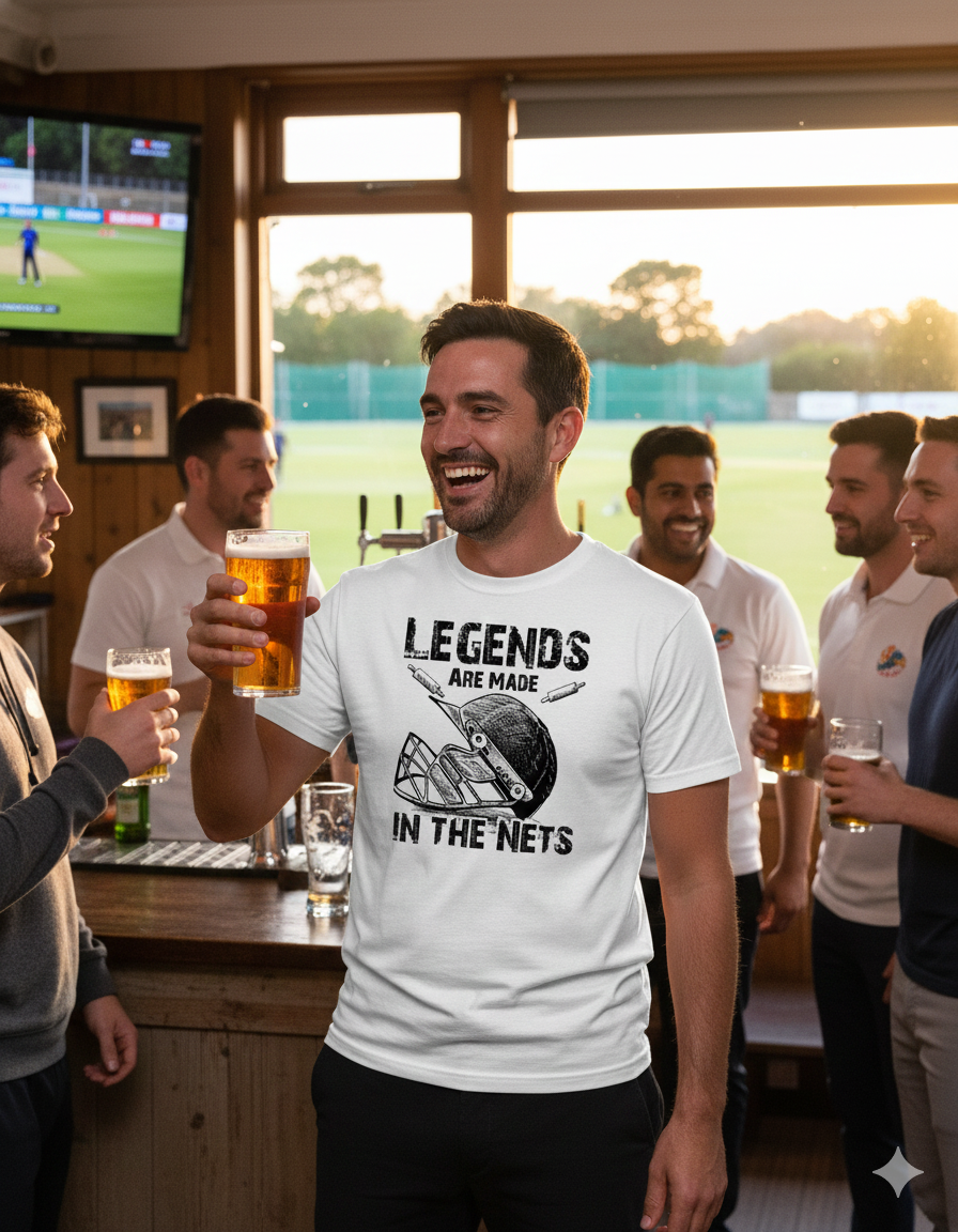 Group of men in a sports bar watching a game, one wearing a Cows Corner T-shirt with the funny cricket slogan on the front that reads 'Legends Made in the Nets' t-shirt.' Cows Corner gifts are perfect for sport-mad fans, these gifts work brilliantly for birthdays, new baby celebrations, Father’s Day, Mother’s Day, Christmas, anniversaries, thank you gifts, end-of-season team awards, graduations, retirements, and just-because moments when you want to raise a smile. 