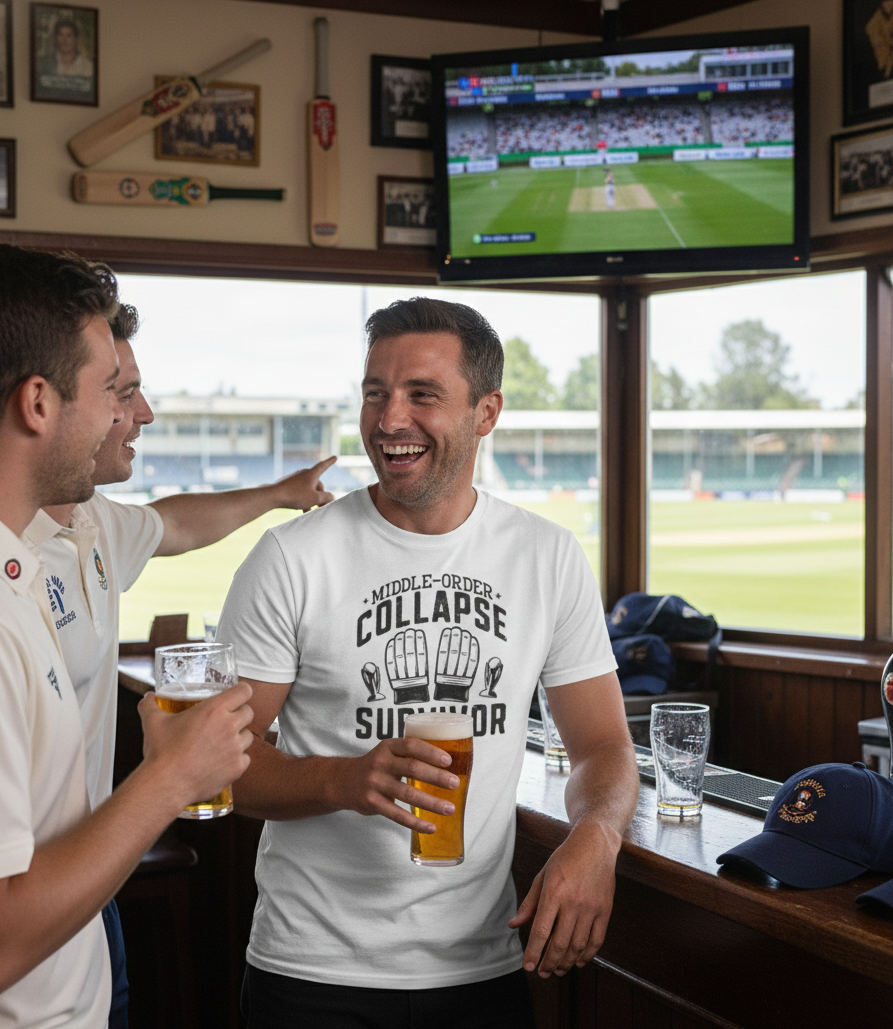 Two men in a sports bar watching a cricket match on TV, one wearing a Cows Corner T-shirt with the funny cricket slogan on the front that reads 'Middle-Order Collapse Survivor'. Cows Corner gifts are perfect for sport-mad fans, these gifts work brilliantly for birthdays, new baby celebrations, Father’s Day, Mother’s Day, Christmas, anniversaries, thank you gifts, end-of-season team awards, graduations, retirements, and just-because moments when you want to raise a smile. 
