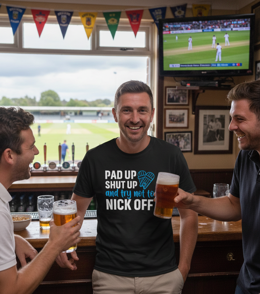 Three men in a pub watching a sports match on TV, one wearing a humorous t-shirt.  The man is wearing a Cows Corner t-shirt with the funny cricket slogan on the front saying 'Pad Up, Shut Up And Try Not To Nick Off'