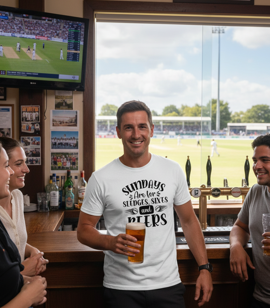 Man holding a beer in a pub with a TV showing cricket and people around him.  The man is wearing a Cows Corner T-shirt with the funny cricket slogan on the front that reads 'Sundays Are for Sledges, Sixes & Beers'.  Cows Corner gifts are perfect for sport-mad fans, these gifts work brilliantly for birthdays, new baby celebrations, Father’s Day, Mother’s Day, Christmas, anniversaries, thank you gifts, end-of-season team awards, graduations, retirements, and just-because moments when you want to raise a smile