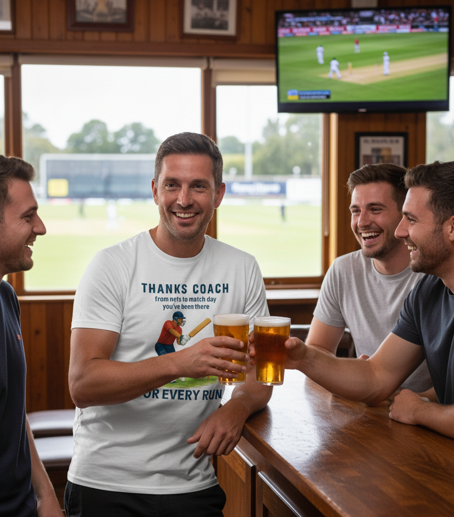 Four men in a pub watching a sports game, one holding a beer wearing a Cows Corner T-shirt with the cricket coach slogan on the front that reads 'Thanks Coach From Nets To Match Day You’ve Been There for Every Run'. Cows Corner gifts are perfect for sport-mad fans, these gifts work brilliantly for birthdays, new baby celebrations, Father’s Day, Mother’s Day, Christmas, anniversaries, thank you gifts, end-of-season team awards, graduations, retirements, and just-because moments when you want to raise a smile
