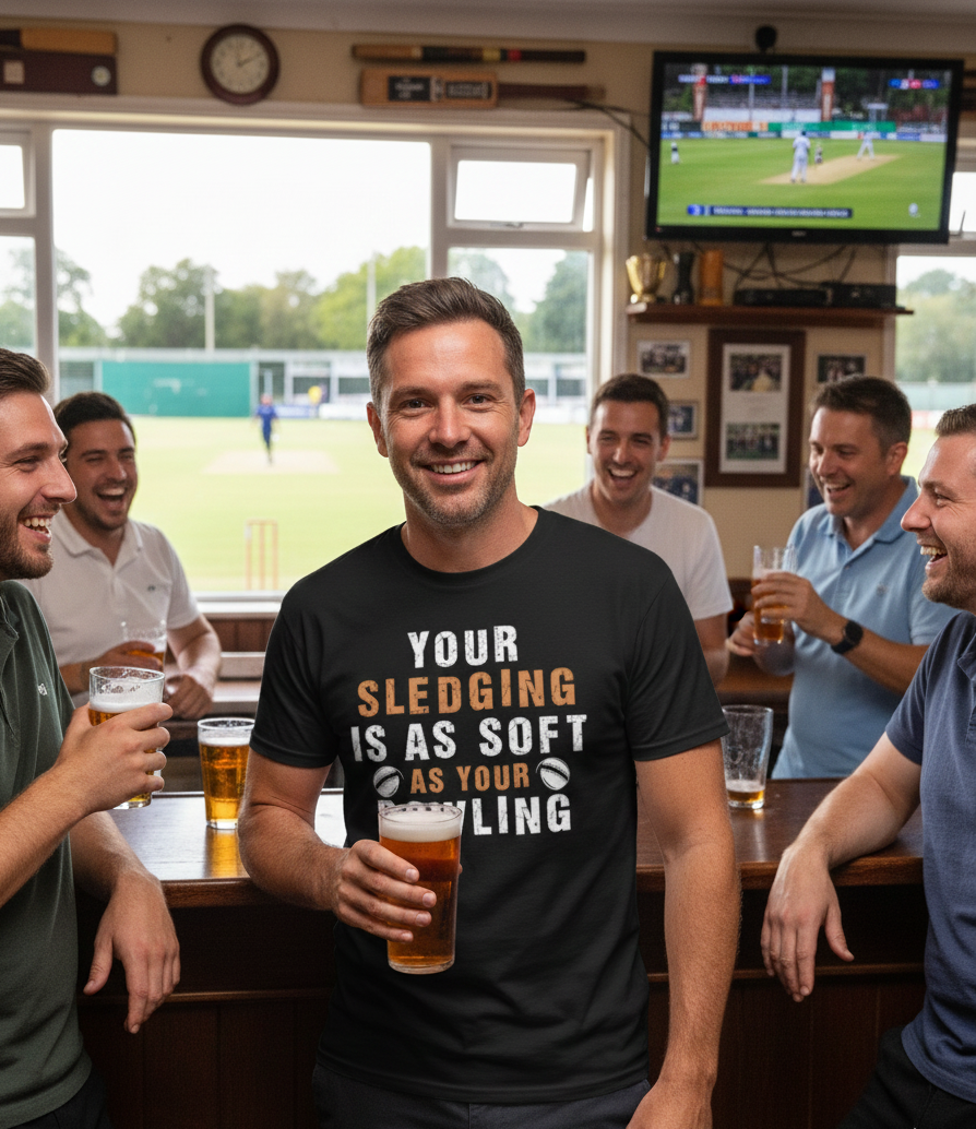 Man in a pub wearing a humorous t-shirt with a group of people around him.  The man is wearing a Cows Corner T-shirt with the funny cricket slogan on the front saying 'Your Sledging Is As Soft As Your Bowling
