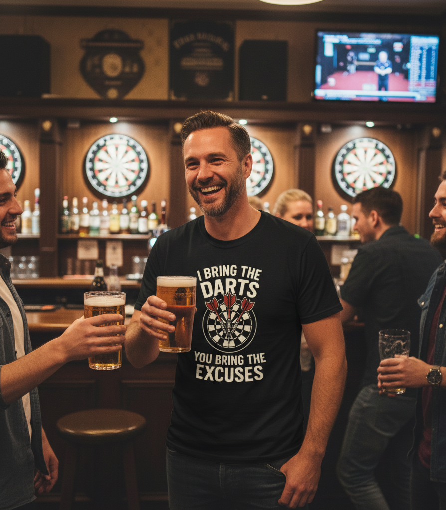 Man in a bar holding a beer and a dartboard-themed t-shirt with a humorous message. The man is wearing a Cows Corner t-shirt with the funny darts slogan 'I Bring the Darts You Bring the Excuses'. Cows Corner gifts are perfect for sport-mad fans, these gifts work brilliantly for birthdays, new baby celebrations, Father’s Day, Mother’s Day, Christmas, anniversaries, thank you gifts, end-of-season team awards, graduations, retirements, and just-because moments when you want to raise a smile. 
