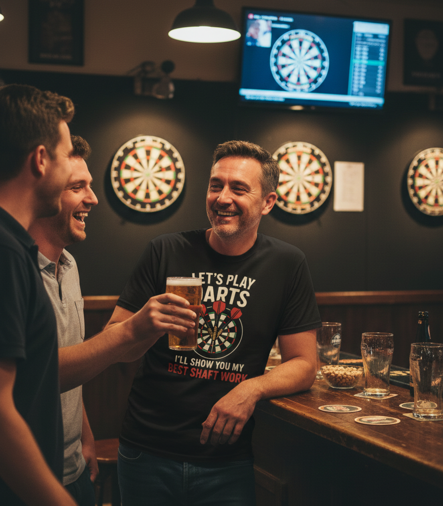 Three men in a bar, two of whom are holding drinks, with dartboards on the wall. The man is wearing a Cows Corner t-shirt with a funny darts slogan on the front that reads 'Lets Play Darts I'll Show You My Best Shaft Work'. Cows Corner gifts are perfect for sport-mad fans, these gifts work brilliantly for birthdays, new baby celebrations, Father’s Day, Mother’s Day, Christmas, anniversaries, thank you gifts, end-of-season team awards, graduations, retirements, and just-because moments when you want to raise