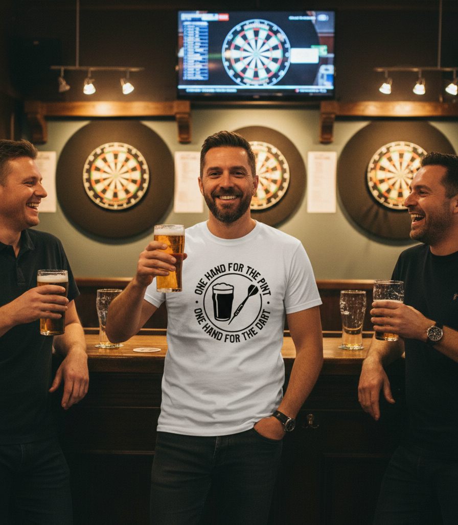 Three men in a bar with drinks, smiling and posing for a photo in front of dartboards. The man is wearing a Cows Corner t-shirt with the funny darts slogan 'One Hand For The Pint, One Hand For The Darts'. Cows Corner gifts are perfect for sport-mad fans, these gifts work brilliantly for birthdays, new baby celebrations, Father’s Day, Mother’s Day, Christmas, anniversaries, thank you gifts, end-of-season team awards, graduations, retirements, and just-because moments when you want to raise a smile. 
