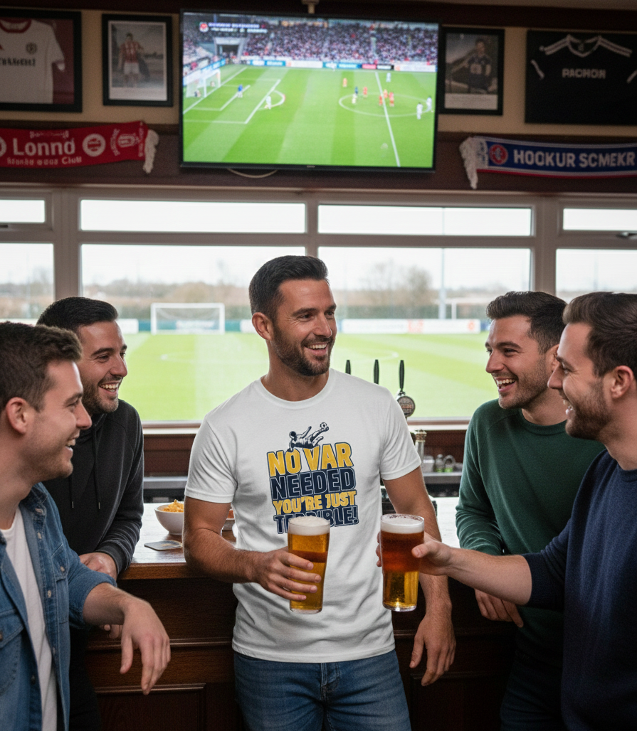 Group of men in a pub watching sports on TV and drinking beer.  The man is wearing a Cows Corner T-shirt with the funny football slogan on the front that reads 'No VAR Needed You’re Just Terrible'.  Cows Corner gifts are perfect for sport-mad fans, these gifts work brilliantly for birthdays, new baby celebrations, Father’s Day, Mother’s Day, Christmas, anniversaries, thank you gifts, end-of-season team awards, graduations, retirements, and just-because moments when you want to raise a smile. 