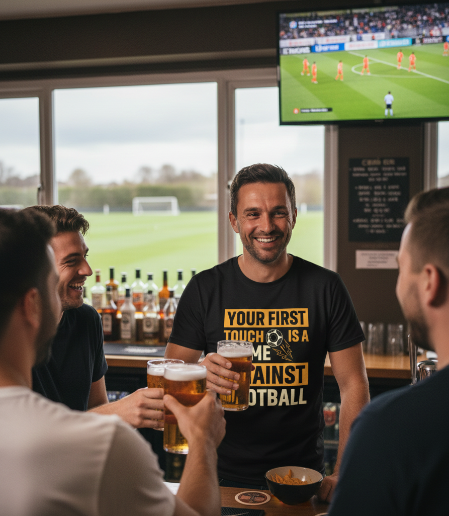 Group of men in a pub watching sports on TV with drinks. The man is wearing a Cows Corner T-shirt with the funny football slogan on the front that reads 'Your First Touch Is a Crime Against Football'. Cows Corner gifts are perfect for sport-mad fans, these gifts work brilliantly for birthdays, new baby celebrations, Father’s Day, Mother’s Day, Christmas, anniversaries, thank you gifts, end-of-season team awards, graduations, retirements, and just-because moments when you want to raise a smile. 