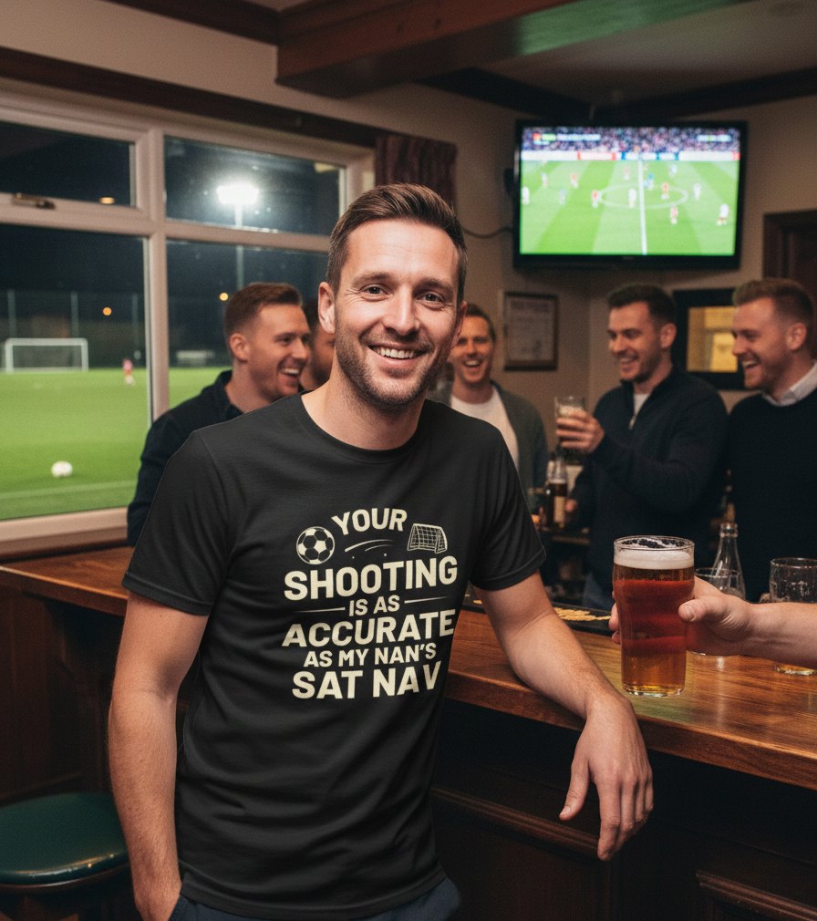Man in a bar wearing a humorous t-shirt with a sports theme, holding a beer.  The man is wearing a Cows Corner T-shirt with the funny football slogan on the front that reads 'Your First Touch Is a Crime Against Football'. Cows Corner gifts are perfect for sport-mad fans, these gifts work brilliantly for birthdays, new baby celebrations, Father’s Day, Mother’s Day, Christmas, anniversaries, thank you gifts, end-of-season team awards, graduations, retirements, and just-because moments 