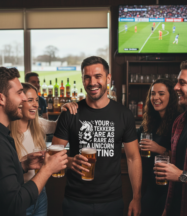 Group of people in a bar watching a sports game on TV, one person wearing a humorous t-shirt.  The man is wearing a Cows Corner T-shirt with the funny football slogan on the front that reads 'Your Tekkers Are As Rare as a Unicorn Sighting'.  Cows Corner gifts are perfect for sport-mad fans, these gifts work brilliantly for birthdays, new baby celebrations, Father’s Day, Mother’s Day, Christmas, anniversaries, thank you gifts, end-of-season team awards, graduations, retirements, and just-because moments