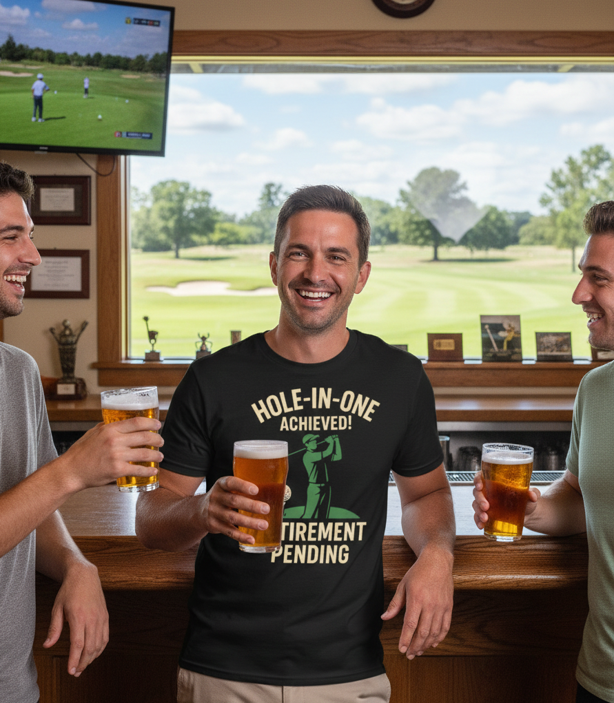Three men at a bar with drinks, one wearing a humorous t-shirt, with a golf course visible through a window. The man is wearing a Cows Corner t-shirt with a funny golf slogan 'Hole-In-One Achieved… Retirement Pending'. Cows Corner gifts are perfect for sport-mad fans, these gifts work brilliantly for birthdays, new baby celebrations, Father’s Day, Mother’s Day, Christmas, anniversaries, thank you gifts, end-of-season team awards, graduations, retirements, and just-because moments 