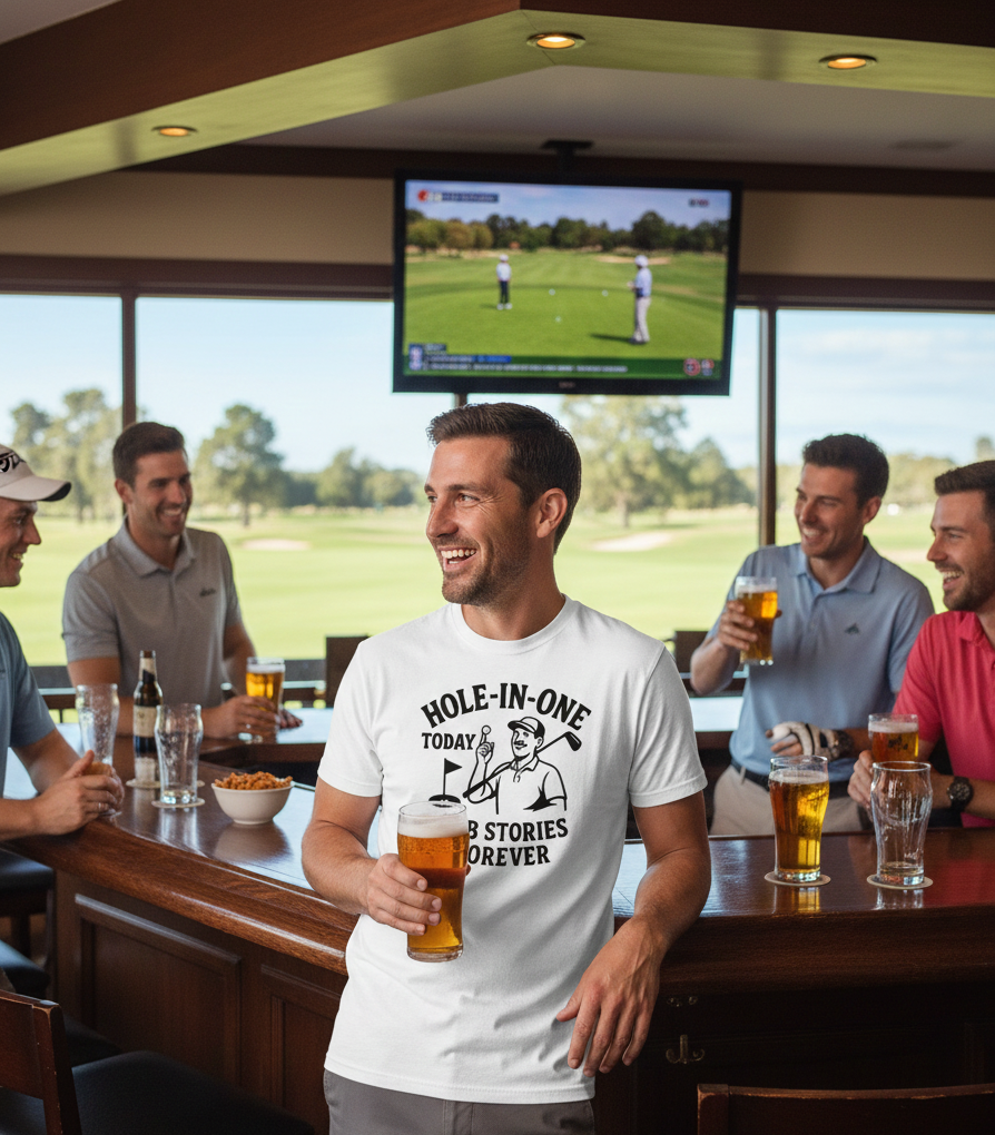 Group of men in a bar watching golf on TV and drinking beer. The man is wearing a Cows Corner t-shirt with the funny golf slogan 'Hole-In-One Today… Pub Stories Forever'. Cows Corner gifts are perfect for sport-mad fans, these gifts work brilliantly for birthdays, new baby celebrations, Father’s Day, Mother’s Day, Christmas, anniversaries, thank you gifts, end-of-season team awards, graduations, retirements, and just-because moments when you want to raise a smile. 

