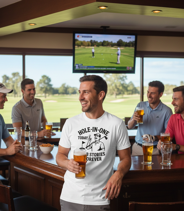 Group of men in a bar watching golf on TV and drinking beer. The man is wearing a Cows Corner t-shirt with the funny golf slogan 'Hole-In-One Today… Pub Stories Forever'. Cows Corner gifts are perfect for sport-mad fans, these gifts work brilliantly for birthdays, new baby celebrations, Father’s Day, Mother’s Day, Christmas, anniversaries, thank you gifts, end-of-season team awards, graduations, retirements, and just-because moments when you want to raise a smile. 
