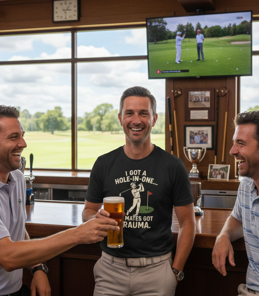 Three men in a bar watching a golf game on TV, one holding a beer. The man is wearing a Cows Corner t-shirt with a funny golf slogan on the front 'I Got A Hole-In-One… My Mates Got Trauma'. Cows Corner gifts are perfect for sport-mad fans, these gifts work brilliantly for birthdays, new baby celebrations, Father’s Day, Mother’s Day, Christmas, anniversaries, thank you gifts, end-of-season team awards, graduations, retirements, and just-because moments when you want to raise a smile. 
