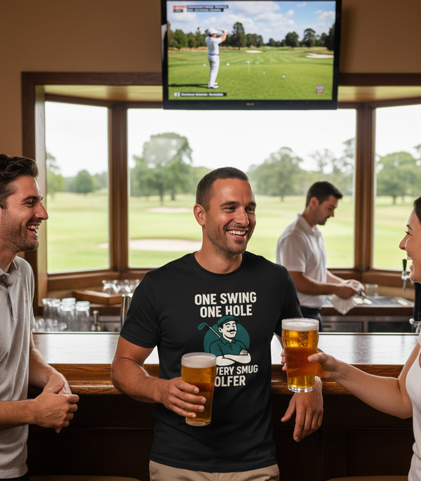 Three people in a bar watching golf on TV, one wearing a humorous t-shirt. The man is wearing a Cows Corner t-shirt with the funny golf slogan One Swing, One Hole, One Very Smug Golfer'. Cows Corner gifts are perfect for sport-mad fans, these gifts work brilliantly for birthdays, new baby celebrations, Father’s Day, Mother’s Day, Christmas, anniversaries, thank you gifts, end-of-season team awards, graduations, retirements, and just-because moments when you want to raise a smile. 
