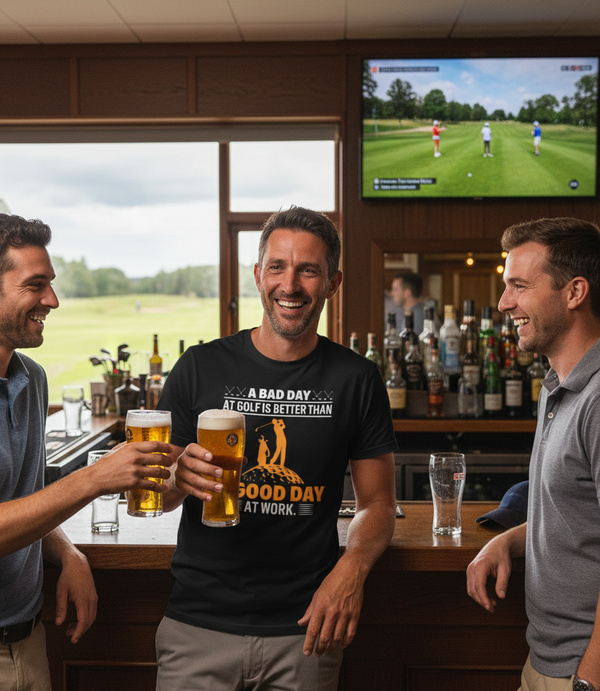Three men in a bar enjoying beers with a TV showing a golf game in the background. The man is wearing a Cows Corner t-shirt with a funny golf saying on the front that reads 'A Bad Day at Golf Is Better Than a Good Day at Work'. Cows Corner gifts are perfect for sport-mad fans, these gifts work brilliantly for birthdays, new baby celebrations, Father’s Day, Mother’s Day, Christmas, anniversaries, thank you gifts, end-of-season team awards, graduations, retirements, and just-because moments 