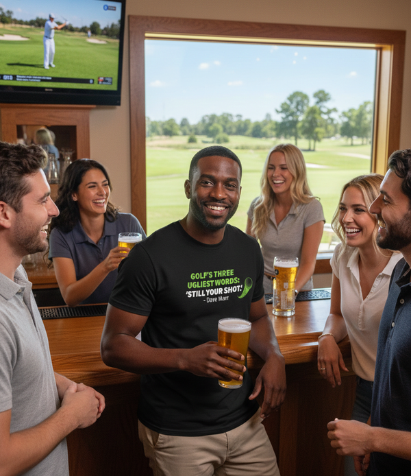 Group of people enjoying drinks and watching golf at a bar with a view of a golf course. The man is wearing a Cows Corner t-shirt with a funny golf saying on the front that reads 'Golf’s There Ugliest Words: ’Still Your Shot! – Dave Marr'. Cows Corner gifts are perfect for sport-mad fans, these gifts work brilliantly for birthdays, new baby celebrations, Father’s Day, Mother’s Day, Christmas, anniversaries, thank you gifts, end-of-season team awards, graduations, retirements, and just-because moments 