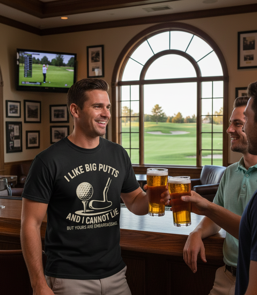 Two men in a bar with a TV showing golf and a window view of a golf course.  The man is wearing a Cows Corner t-shirt with the funny golf slogan on the front that reads 'I Like Big Putts and I Cannot Lie, but Yours Are Embarrassing'. Cows Corner gifts are perfect for sport-mad fans, these gifts work brilliantly for birthdays, new baby celebrations, Father’s Day, Mother’s Day, Christmas, anniversaries, thank you gifts, end-of-season team awards, graduations, retirements, and just-because moments