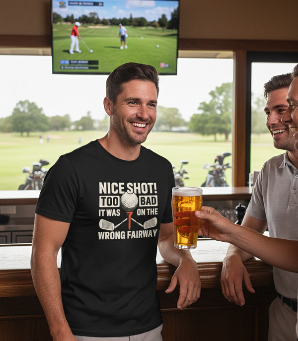 Man wearing a black t-shirt with a humorous golf-themed design, holding a beer, in a bar setting with a TV showing a golf game. The man is wearing a Cows Corner t-shirt with the funny golf slogan on the front that reads 'Nice Shot! Too Bad It Was on the Wrong Fairway'. Cows Corner gifts are perfect for sport-mad fans, these gifts work brilliantly for birthdays, new baby celebrations, Father’s Day, Mother’s Day, Christmas, anniversaries, thank you gifts, end-of-season team awards, graduations, retirements