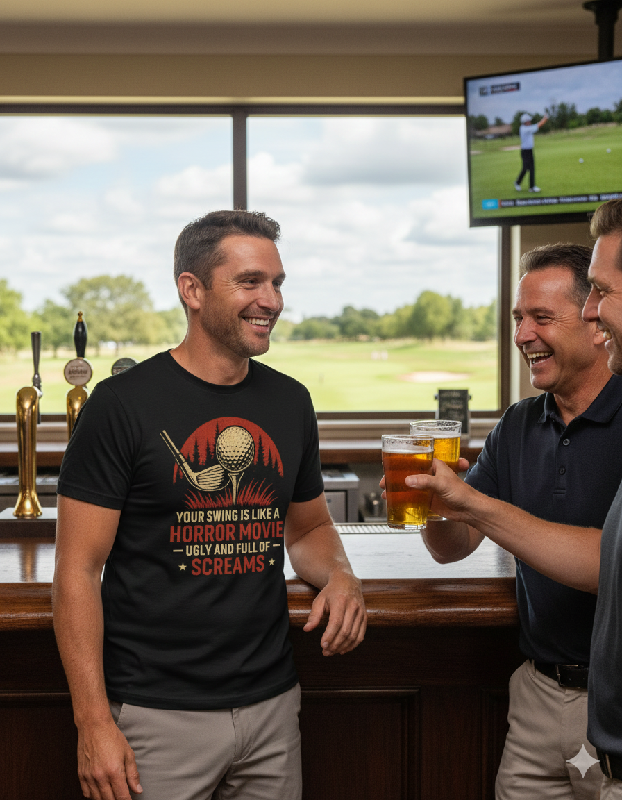 Three men in a bar with one wearing a black t-shirt with a graphic design, holding drinks and smiling.  The man is wearing a Cows Corner t-shirt with the funny golf slogan on the front that reads 'Your Swing Is Like a Horror Movie, Ugly and Full of Screams'. Cows Corner gifts are perfect for sport-mad fans, these gifts work brilliantly for birthdays, new baby celebrations, Father’s Day, Mother’s Day, Christmas, anniversaries, thank you gifts, end-of-season team awards, graduations, retirements