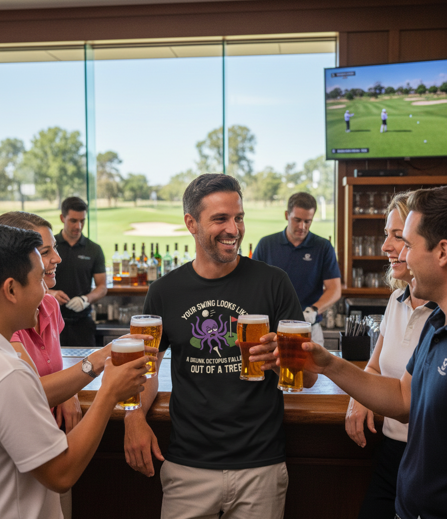 Group of people enjoying beers together in a bar with a golf course view.  The man is wearing a Cows Corner t-shirt with a funny golf slogan on the front that reads 'Your Swing Looks Like a Drunk Octopus Falling out of a Tree'. Cows Corner gifts are perfect for sport-mad fans, these gifts work brilliantly for birthdays, new baby celebrations, Father’s Day, Mother’s Day, Christmas, anniversaries, thank you gifts, end-of-season team awards, graduations, retirements, and just-because moments 