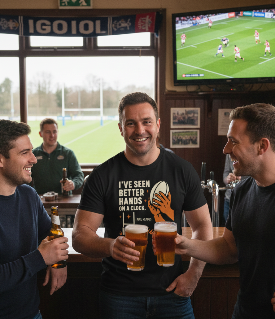 Three men in a pub clinking beer glasses with a television showing a sports match in the background. The man is wearing a Cows Corner t-shirt with the funny rugby slogan 'I’ve Seen Better Hands on a Clock – Phil Kearns'. Cows Corner gifts are perfect for sport-mad fans, these gifts work brilliantly for birthdays, new baby celebrations, Father’s Day, Mother’s Day, Christmas, anniversaries, thank you gifts, end-of-season team awards, graduations, retirements, and just-because moments 