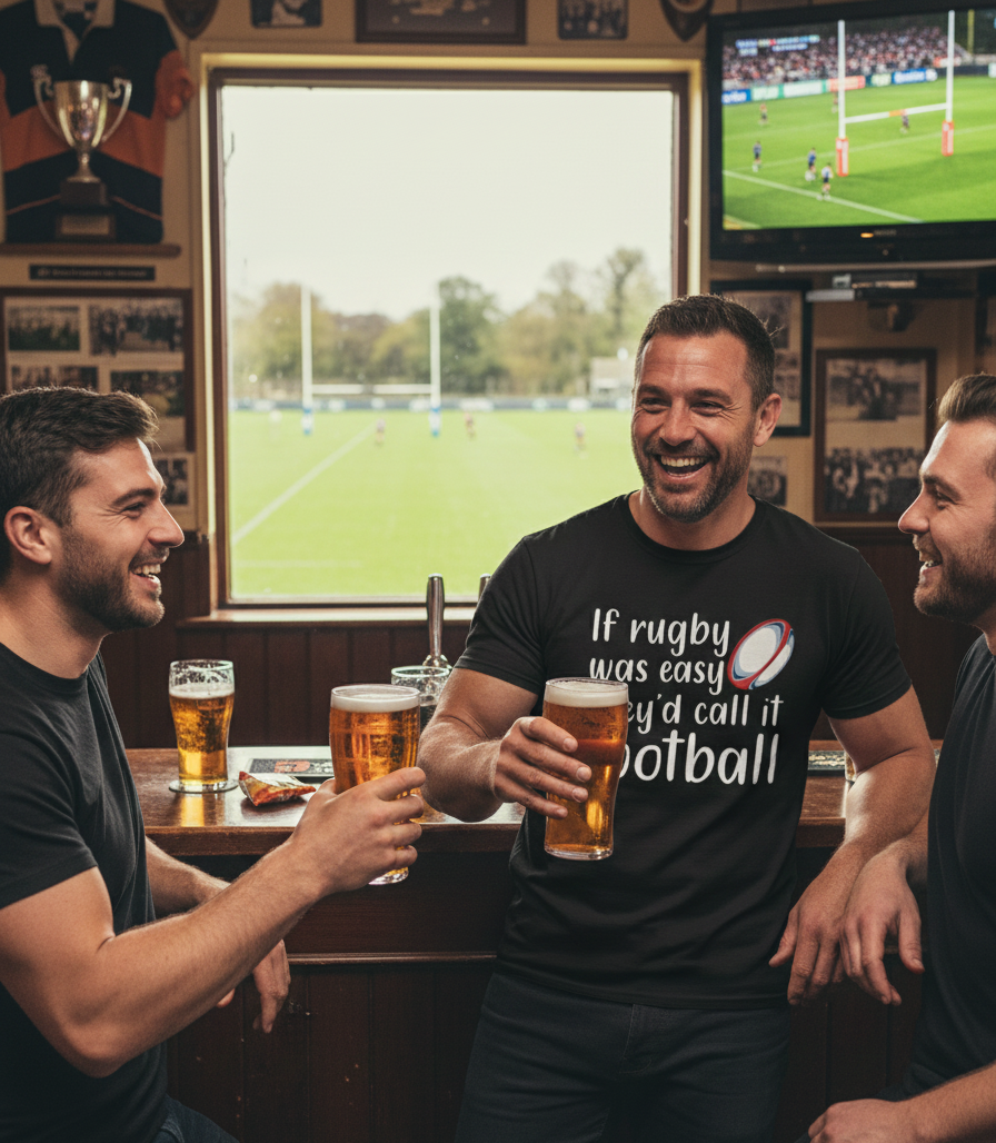 Three men in a pub watching rugby on television, holding beers. The man is wearing a Cows Corner t-shirt with the funny rugby slogan on the front that reads 'If Rugby Was Easy They’d Call It Football'. Cows Corner gifts are perfect for sport-mad fans, these gifts work brilliantly for birthdays, new baby celebrations, Father’s Day, Mother’s Day, Christmas, anniversaries, thank you gifts, end-of-season team awards, graduations, retirements, and just-because moments when you want to raise a smile. 
