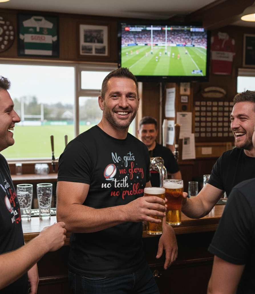 Men enjoying drinks in a pub with a sports game on the TV. The man is wearing a Cows Corner t-shirt with a funny rugby slogan on the front that reads 'No Guts No Glory No Teeth No Problem'. Cows Corner gifts are perfect for sport-mad fans, these gifts work brilliantly for birthdays, new baby celebrations, Father’s Day, Mother’s Day, Christmas, anniversaries, thank you gifts, end-of-season team awards, graduations, retirements, and just-because moments when you want to raise a smile. 
