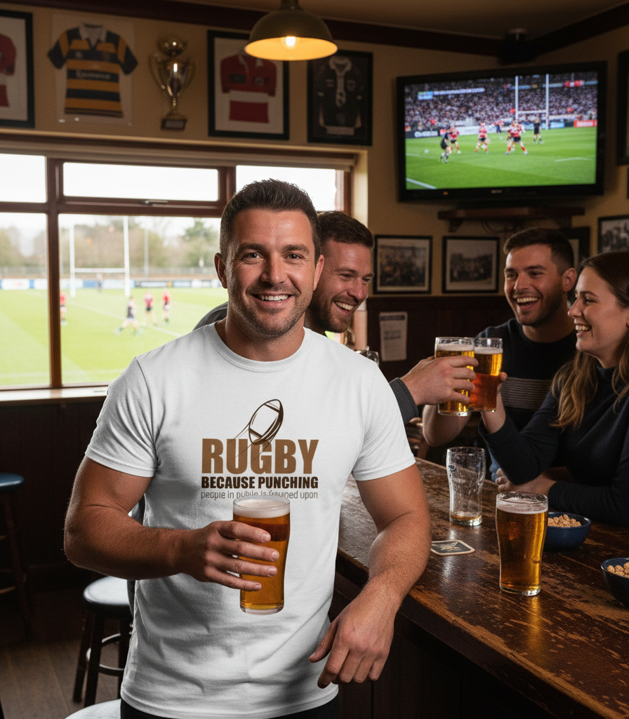 Man in a pub wearing a 'Rugby Because Punching' t-shirt, holding a beer with friends around him. The man is wearing a Cows Corner t-shirt with a funny rugby slogan on the front that reads 'Rugby Because Punching People in Public Is Frowned Upon'. Cows Corner gifts are perfect for sport-mad fans, these gifts work brilliantly for birthdays, new baby celebrations, Father’s Day, Mother’s Day, Christmas, anniversaries, thank you gifts, end-of-season team awards, graduations, retirements, and just-because moments