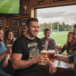 Group of people in a bar watching a sports game, with a man in a rugby-themed t-shirt holding a beer. The man is wearing a Cows Corner t-shirt with the funny rugby slogan 'Rugby Is a Hooligan’s Game Played by Gentleman, and Football Is a Gentleman’s Game Played by Hooligans'. Cows Corner gifts are perfect for sport-mad fans, these gifts work brilliantly for birthdays, new baby celebrations, Father’s Day, Mother’s Day, Christmas, anniversaries, thank you gifts, end-of-season team awards, graduations
