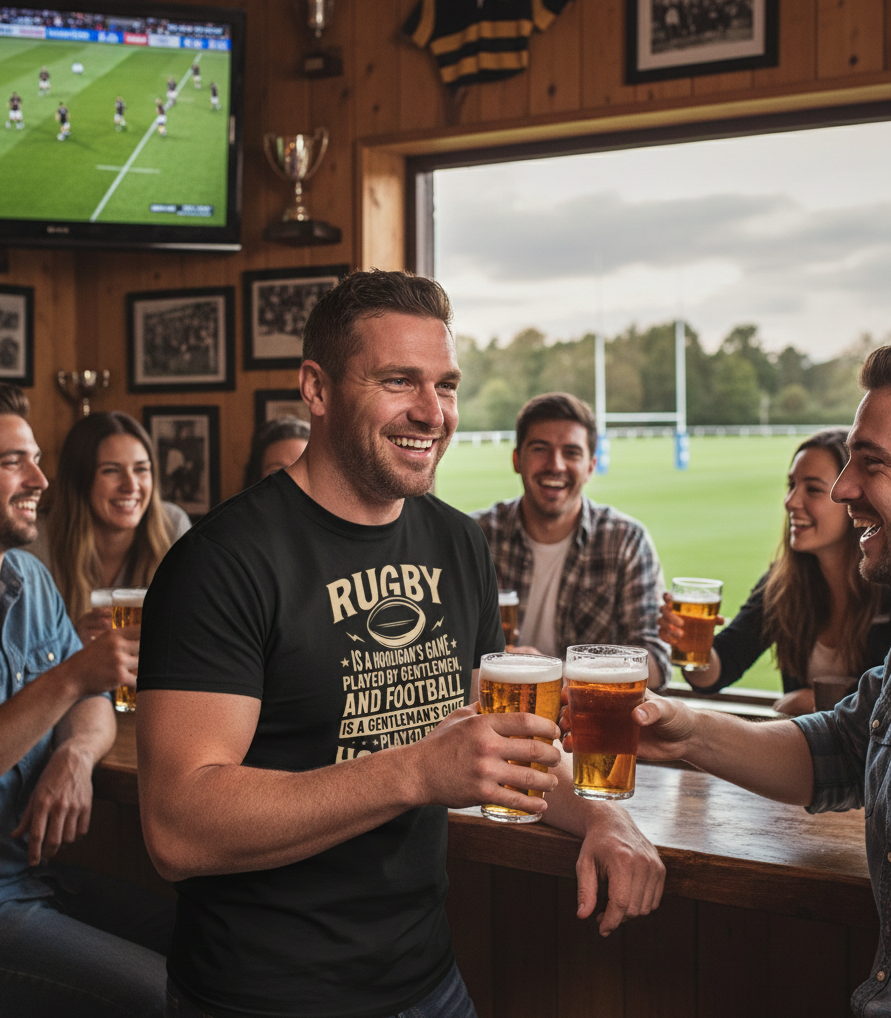 Group of people in a bar watching a sports game, with a man in a rugby-themed t-shirt holding a beer. The man is wearing a Cows Corner t-shirt with the funny rugby slogan 'Rugby Is a Hooligan’s Game Played by Gentleman, and Football Is a Gentleman’s Game Played by Hooligans'. Cows Corner gifts are perfect for sport-mad fans, these gifts work brilliantly for birthdays, new baby celebrations, Father’s Day, Mother’s Day, Christmas, anniversaries, thank you gifts, end-of-season team awards, graduations